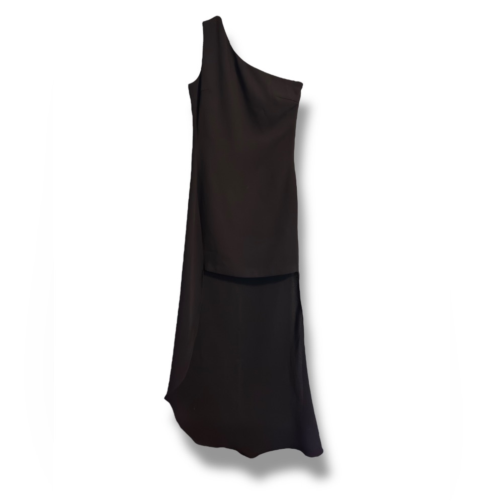 Renn Asymmetrical Maxi Black Dress Fancy High Low Stripe Down Back One Shoulder